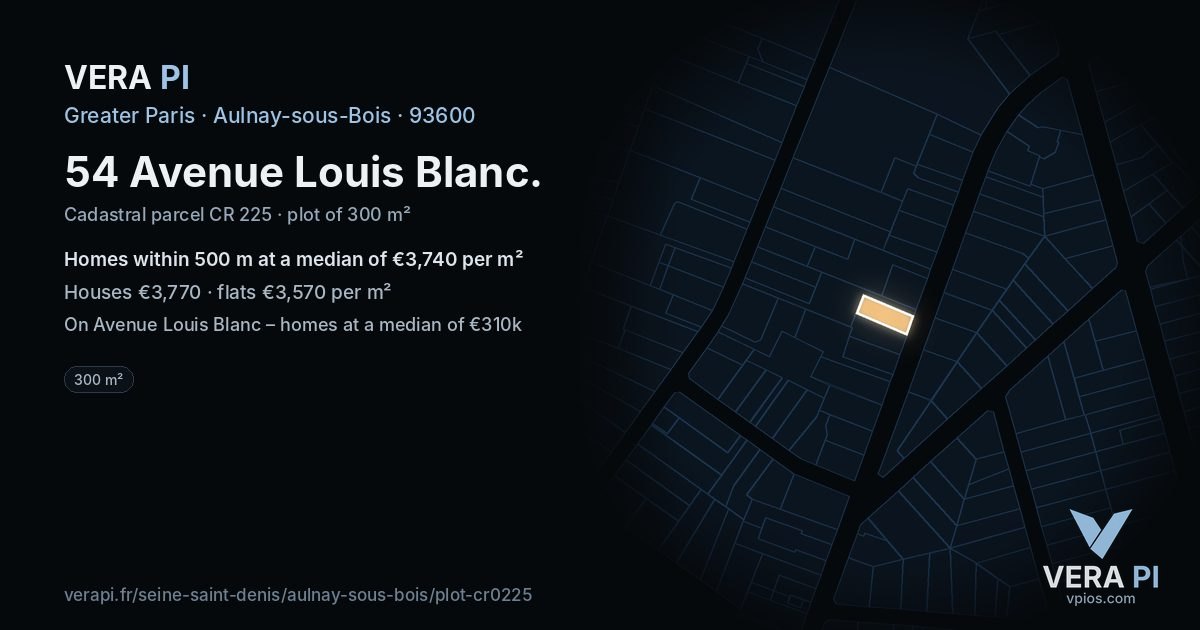 54 Avenue Louis Blanc, Aulnay-sous-Bois at night – the plot lit, the parcels around coloured by the prices near them