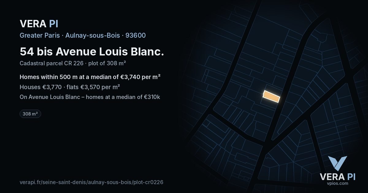 54 bis Avenue Louis Blanc, Aulnay-sous-Bois at night – the plot lit, the parcels around coloured by the prices near them
