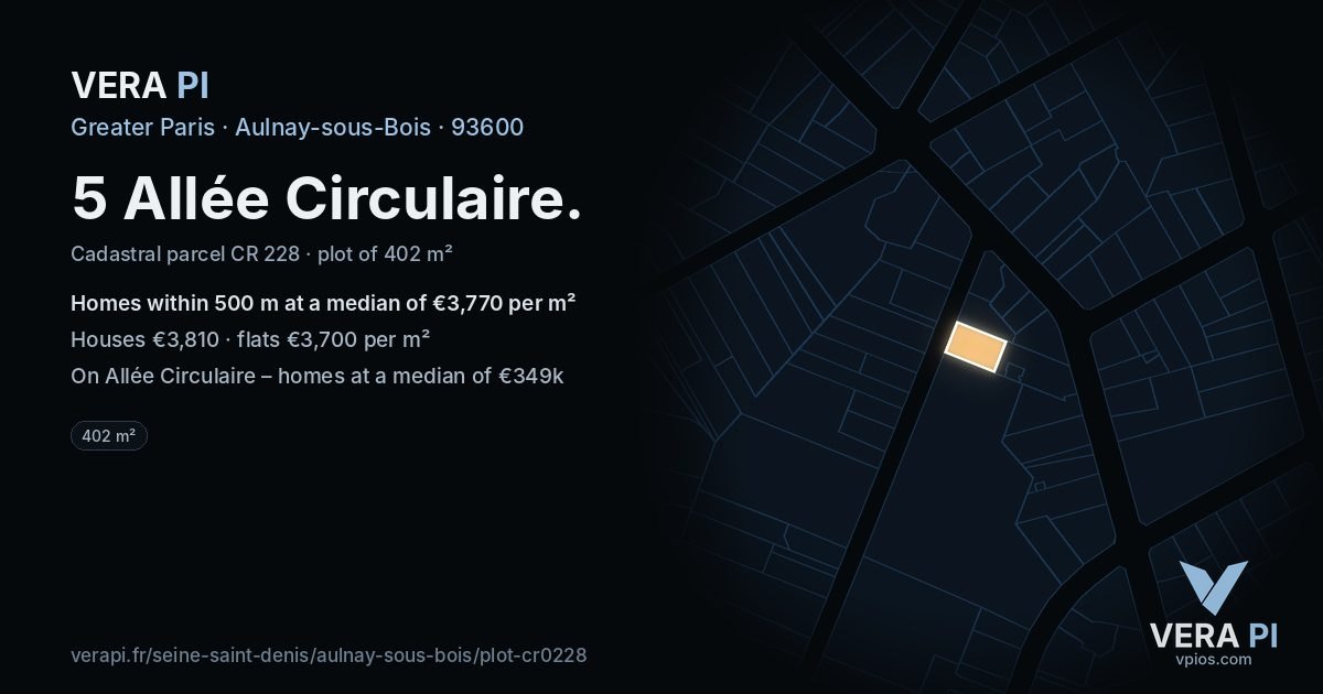 5 Allée Circulaire, Aulnay-sous-Bois at night – the plot lit, the parcels around coloured by the prices near them