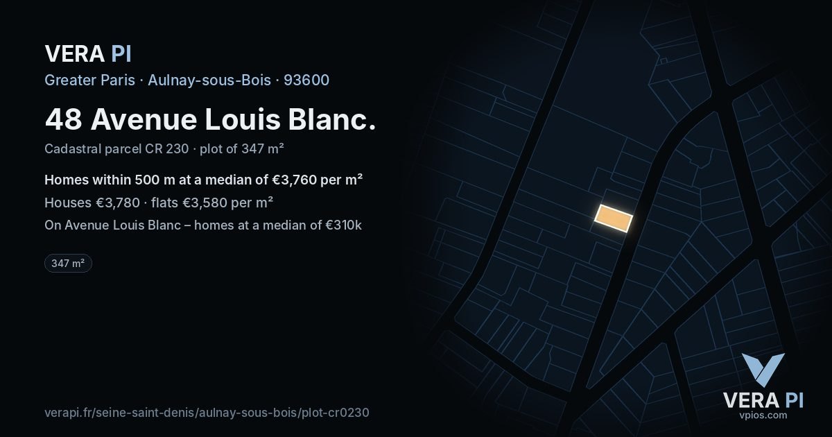 48 Avenue Louis Blanc, Aulnay-sous-Bois at night – the plot lit, the parcels around coloured by the prices near them