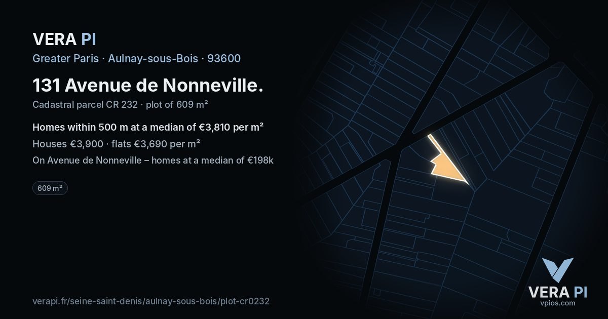 131 Avenue de Nonneville, Aulnay-sous-Bois at night – the plot lit, the parcels around coloured by the prices near them
