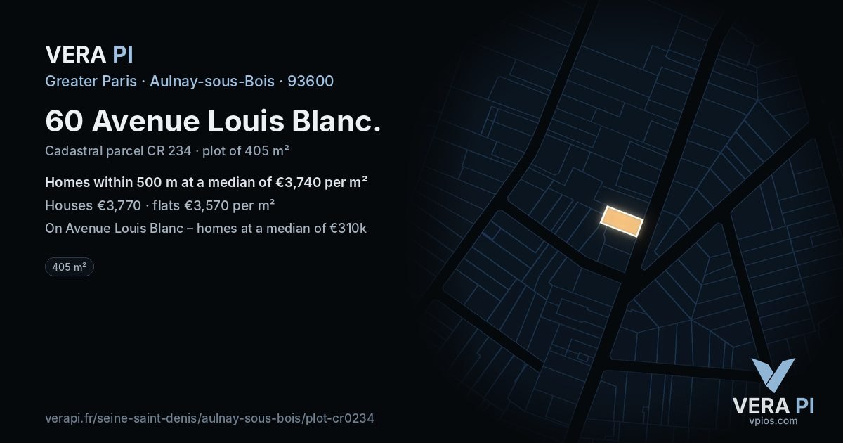 60 Avenue Louis Blanc, Aulnay-sous-Bois at night – the plot lit, the parcels around coloured by the prices near them