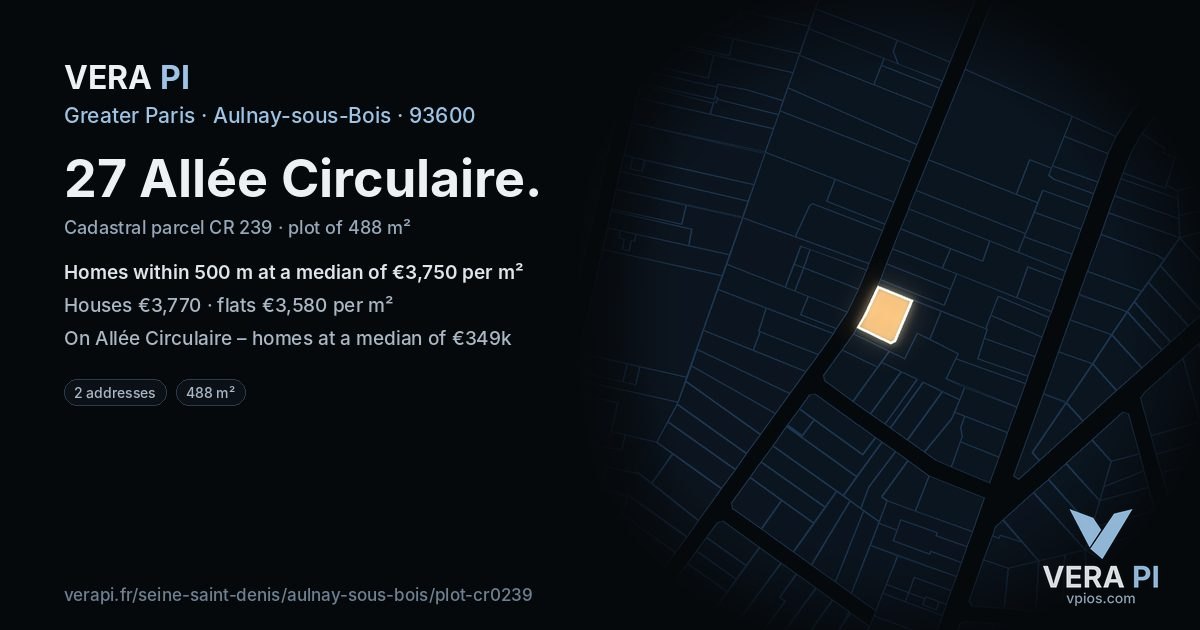 27 Allée Circulaire, Aulnay-sous-Bois at night – the plot lit, the parcels around coloured by the prices near them