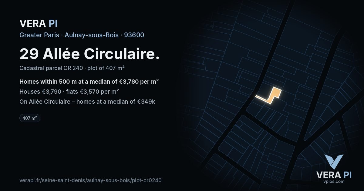 29 Allée Circulaire, Aulnay-sous-Bois at night – the plot lit, the parcels around coloured by the prices near them