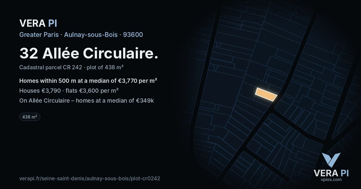 32 Allée Circulaire, Aulnay-sous-Bois at night – the plot lit, the parcels around coloured by the prices near them