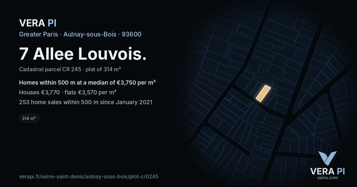 7 Allee Louvois, Aulnay-sous-Bois at night – the plot lit, the parcels around coloured by the prices near them