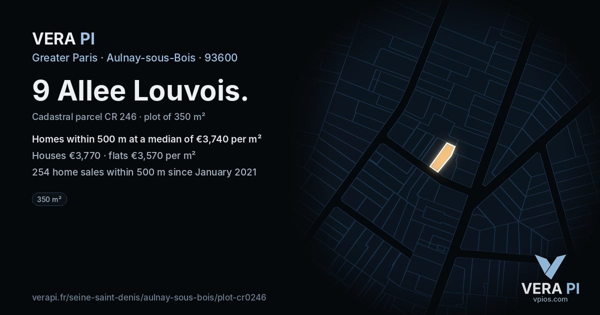 9 Allee Louvois, Aulnay-sous-Bois at night – the plot lit, the parcels around coloured by the prices near them