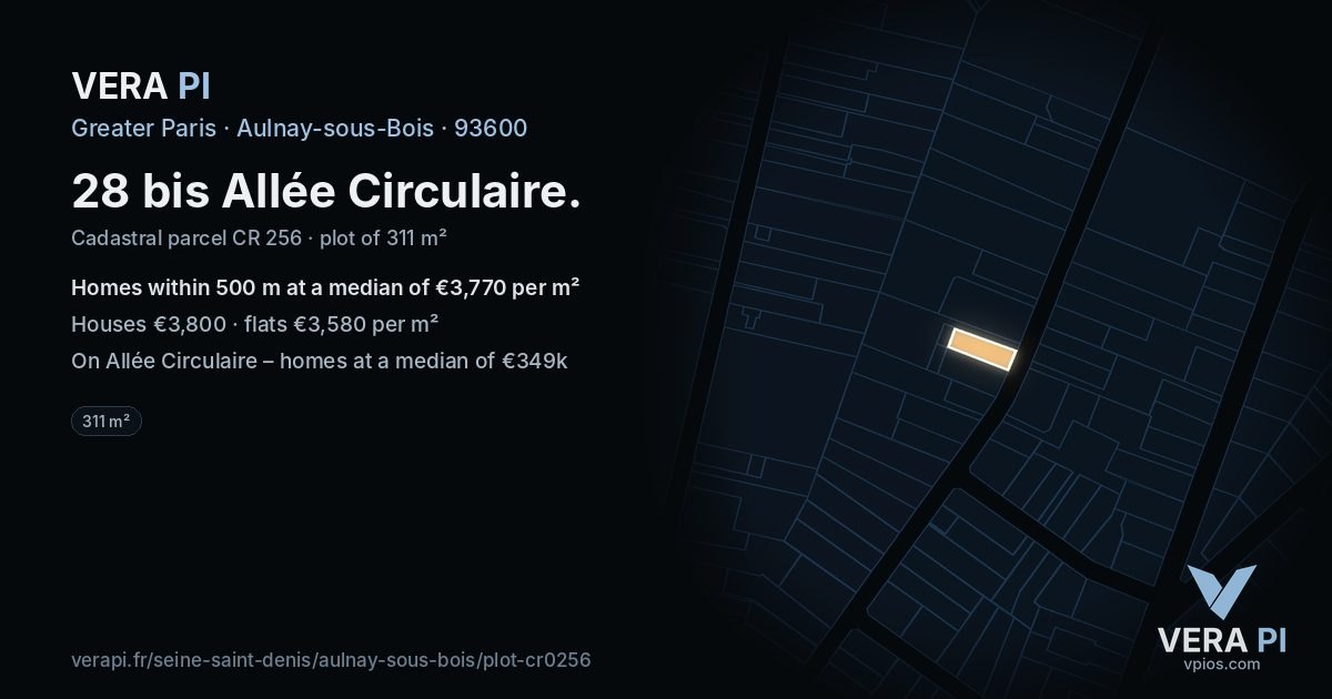 28 bis Allée Circulaire, Aulnay-sous-Bois at night – the plot lit, the parcels around coloured by the prices near them
