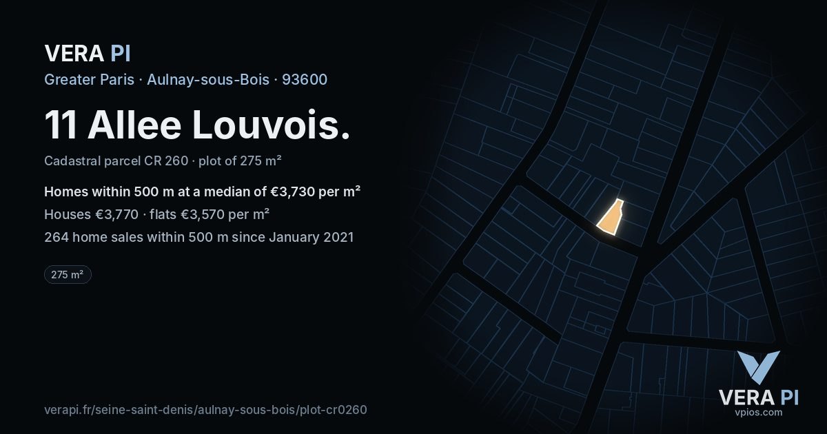 11 Allee Louvois, Aulnay-sous-Bois at night – the plot lit, the parcels around coloured by the prices near them