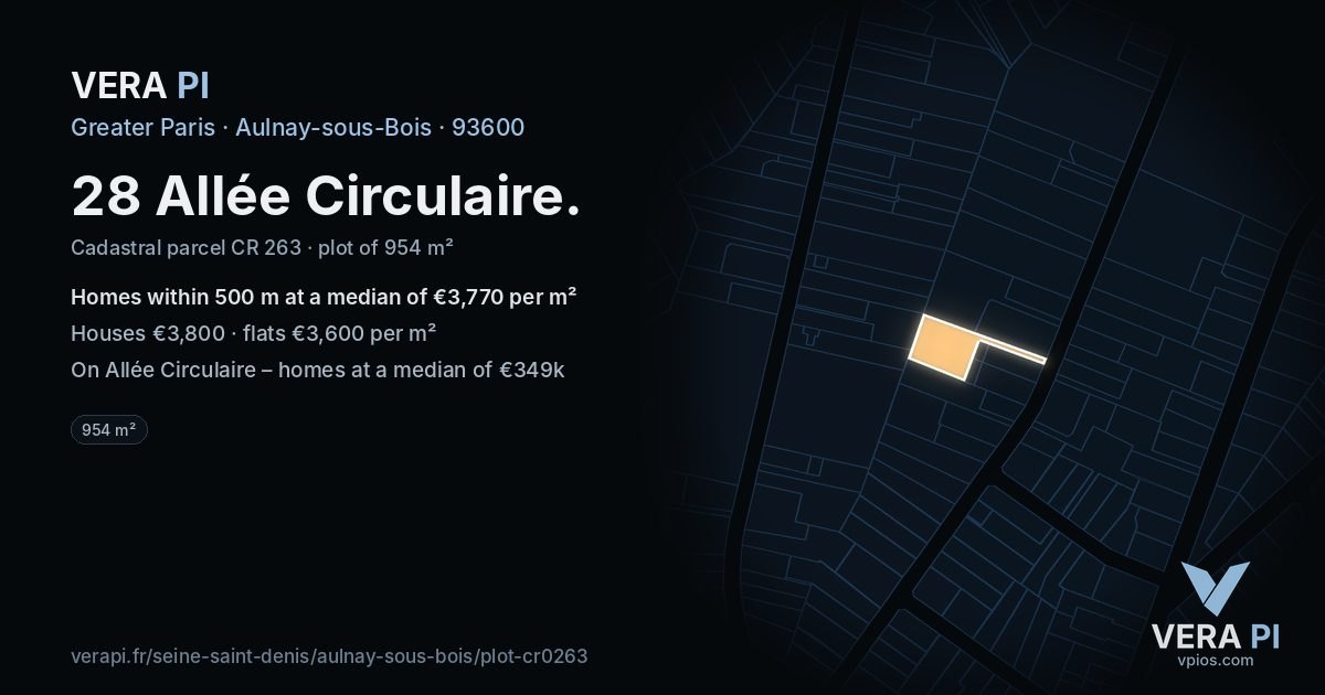 28 Allée Circulaire, Aulnay-sous-Bois at night – the plot lit, the parcels around coloured by the prices near them
