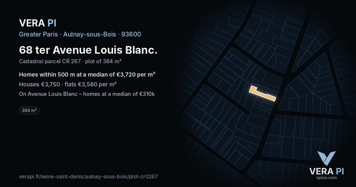 68 ter Avenue Louis Blanc, Aulnay-sous-Bois at night – the plot lit, the parcels around coloured by the prices near them