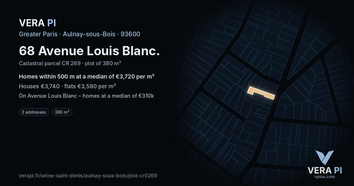 68 Avenue Louis Blanc, Aulnay-sous-Bois at night – the plot lit, the parcels around coloured by the prices near them