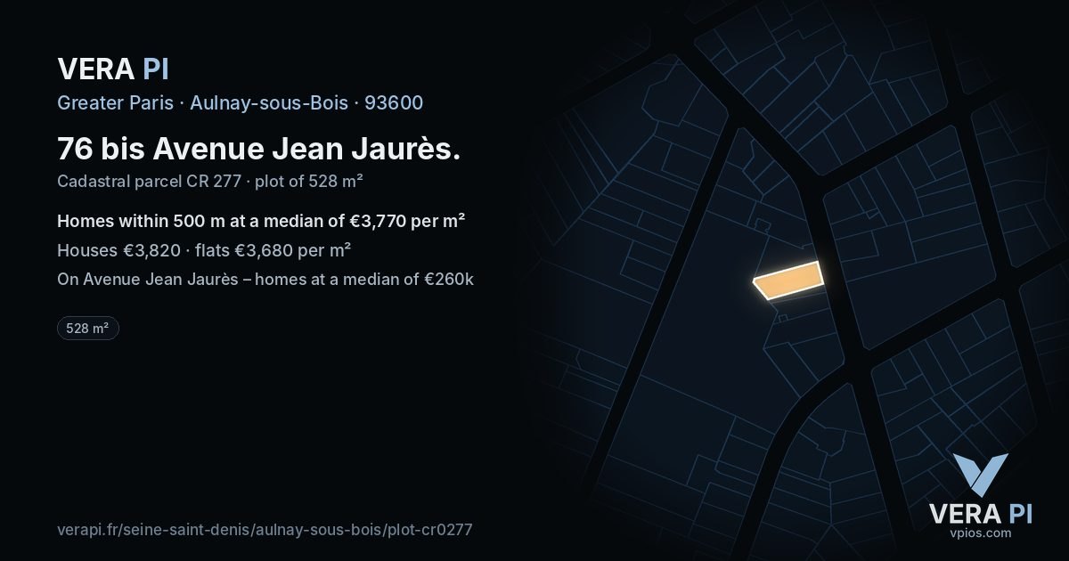 76 bis Avenue Jean Jaurès, Aulnay-sous-Bois at night – the plot lit, the parcels around coloured by the prices near them