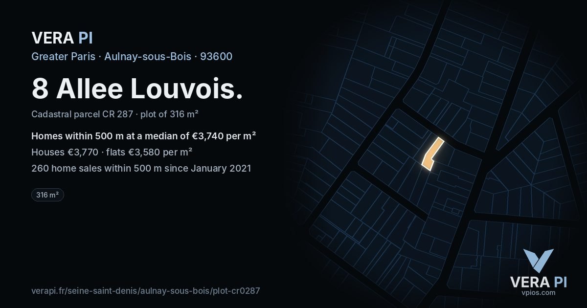 8 Allee Louvois, Aulnay-sous-Bois at night – the plot lit, the parcels around coloured by the prices near them