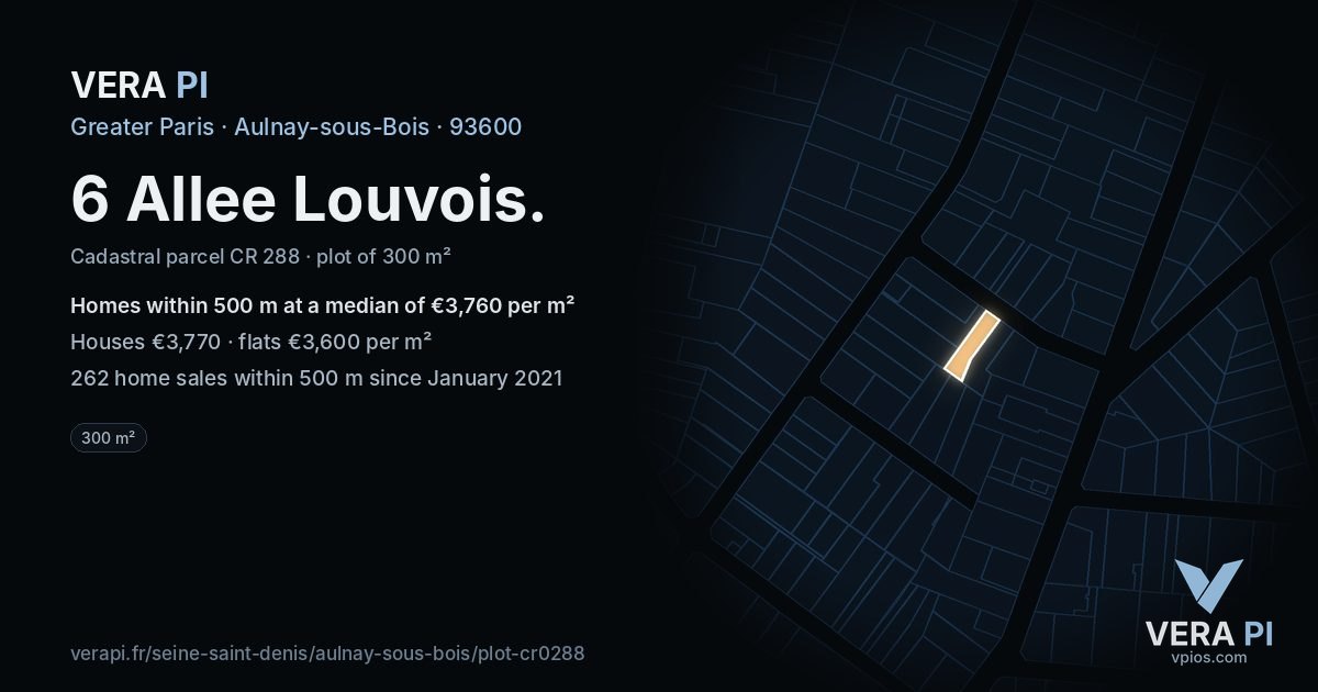 6 Allee Louvois, Aulnay-sous-Bois at night – the plot lit, the parcels around coloured by the prices near them