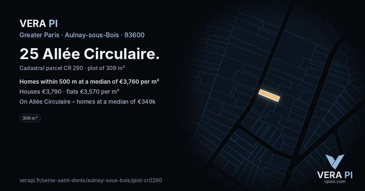 25 Allée Circulaire, Aulnay-sous-Bois at night – the plot lit, the parcels around coloured by the prices near them