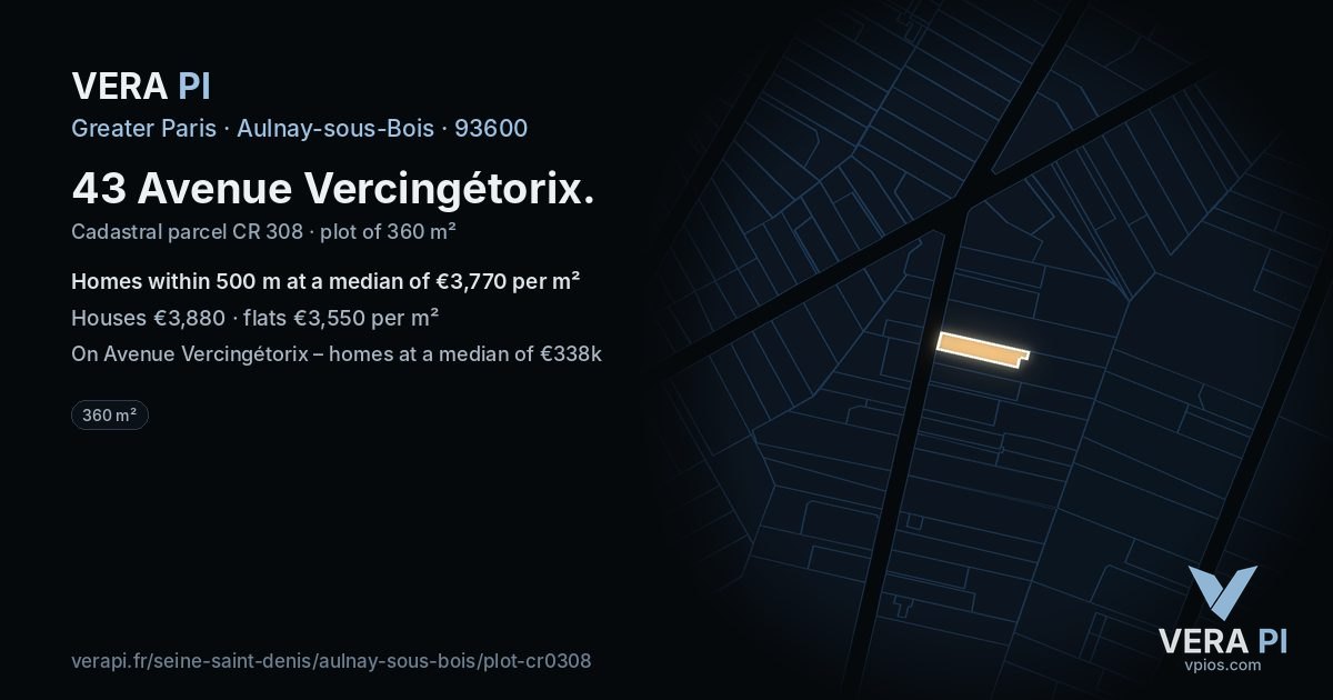 43 Avenue Vercingétorix, Aulnay-sous-Bois at night – the plot lit, the parcels around coloured by the prices near them
