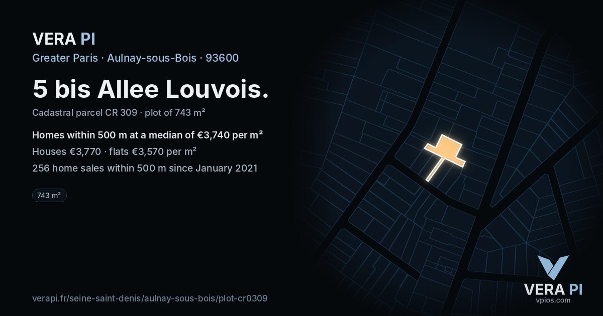 5 bis Allee Louvois, Aulnay-sous-Bois at night – the plot lit, the parcels around coloured by the prices near them