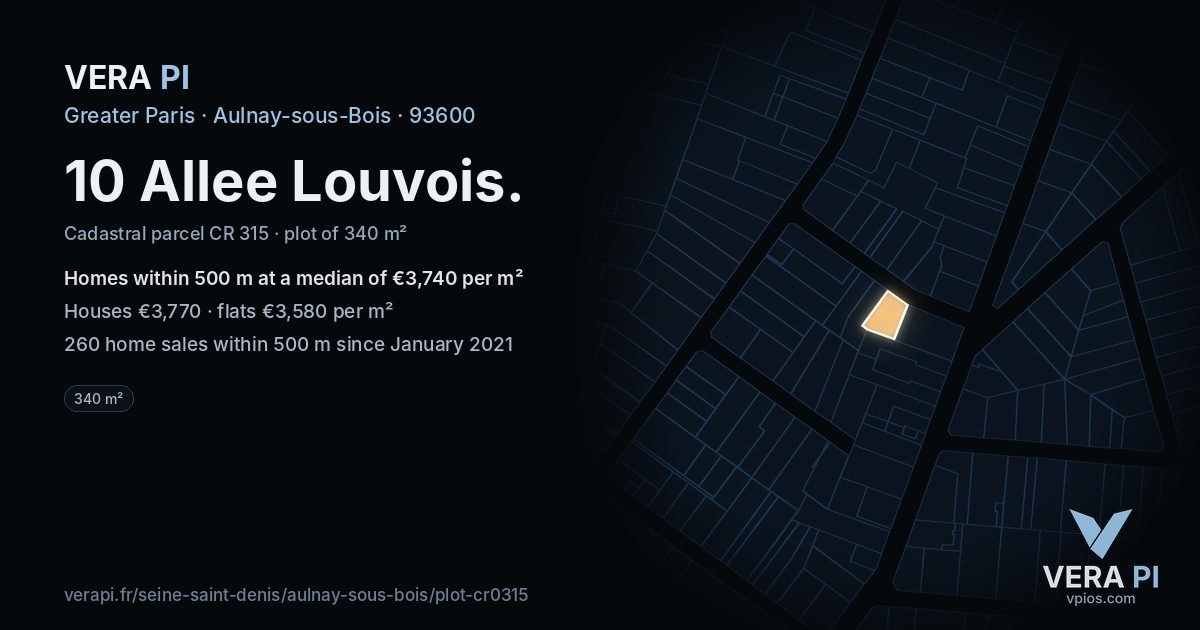10 Allee Louvois, Aulnay-sous-Bois at night – the plot lit, the parcels around coloured by the prices near them
