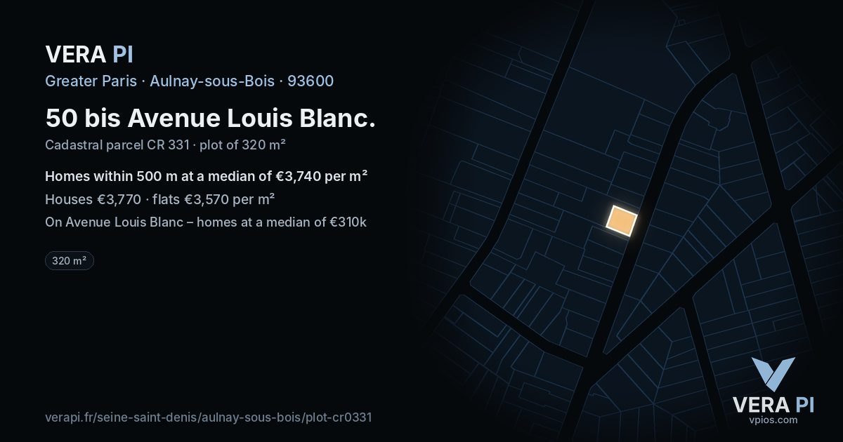 50 bis Avenue Louis Blanc, Aulnay-sous-Bois at night – the plot lit, the parcels around coloured by the prices near them