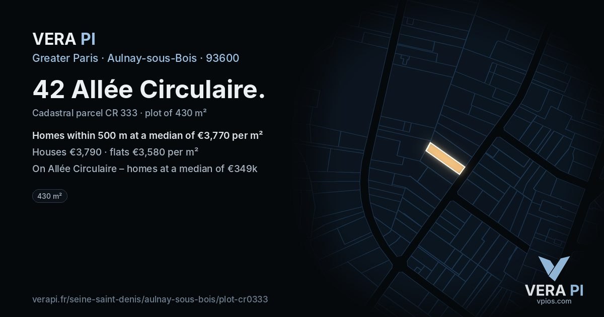 42 Allée Circulaire, Aulnay-sous-Bois at night – the plot lit, the parcels around coloured by the prices near them