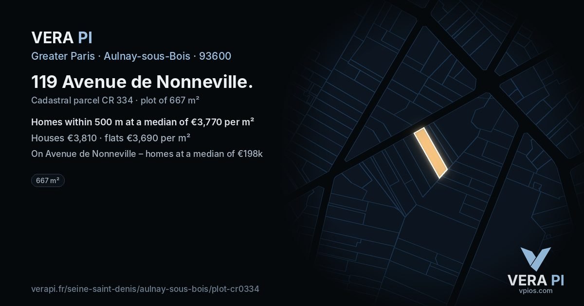 119 Avenue de Nonneville, Aulnay-sous-Bois at night – the plot lit, the parcels around coloured by the prices near them