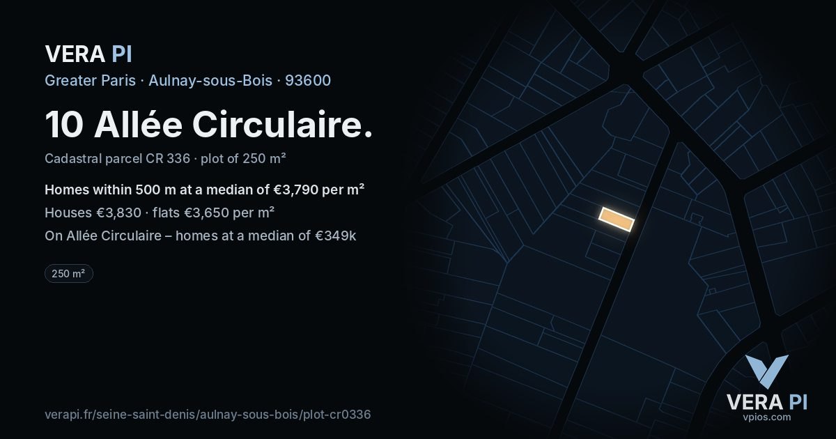 10 Allée Circulaire, Aulnay-sous-Bois at night – the plot lit, the parcels around coloured by the prices near them