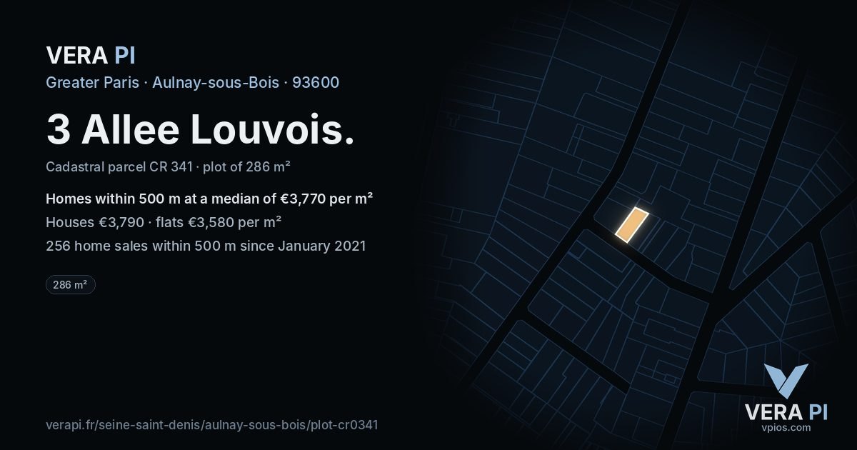 3 Allee Louvois, Aulnay-sous-Bois at night – the plot lit, the parcels around coloured by the prices near them