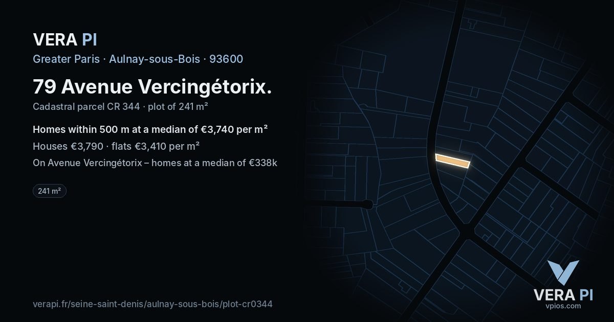 79 Avenue Vercingétorix, Aulnay-sous-Bois at night – the plot lit, the parcels around coloured by the prices near them