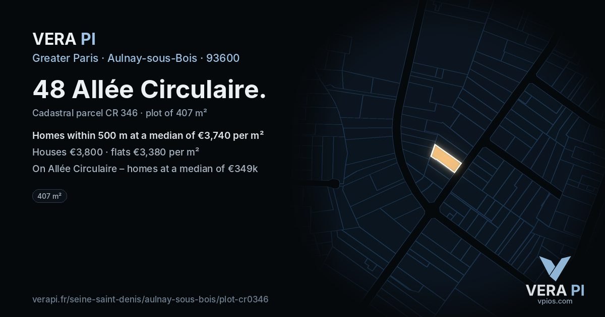 48 Allée Circulaire, Aulnay-sous-Bois at night – the plot lit, the parcels around coloured by the prices near them