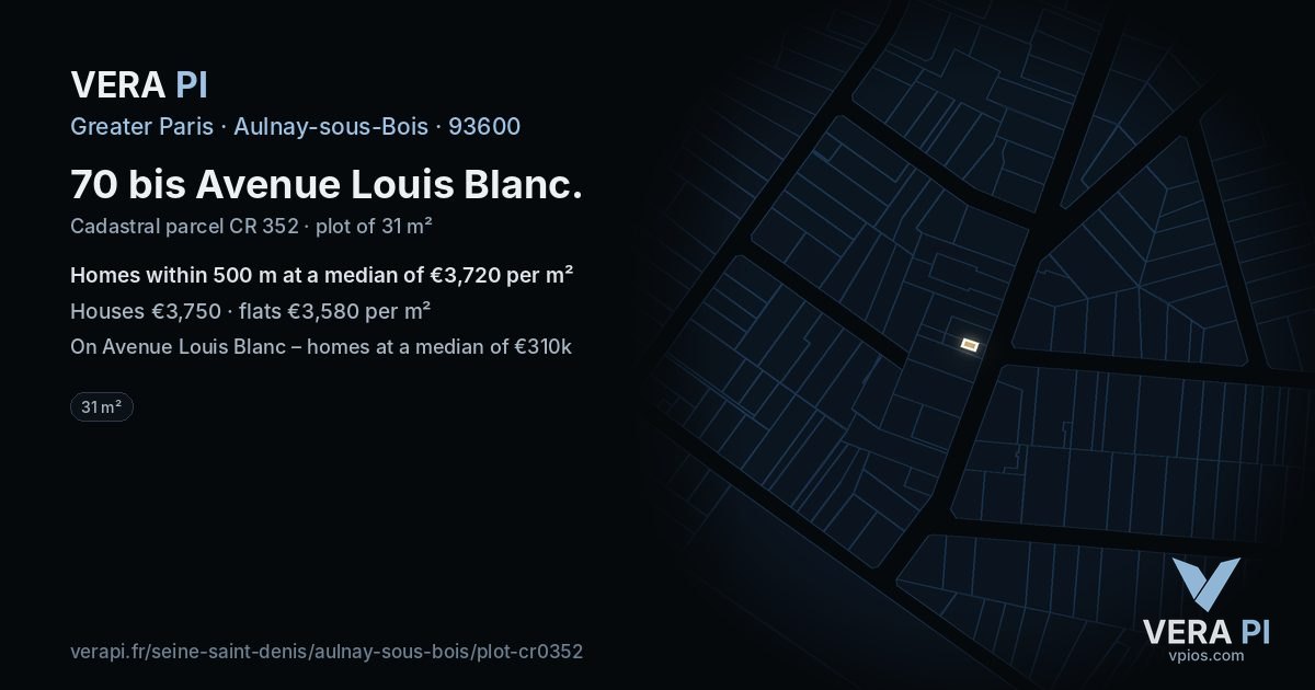 70 bis Avenue Louis Blanc, Aulnay-sous-Bois at night – the plot lit, the parcels around coloured by the prices near them