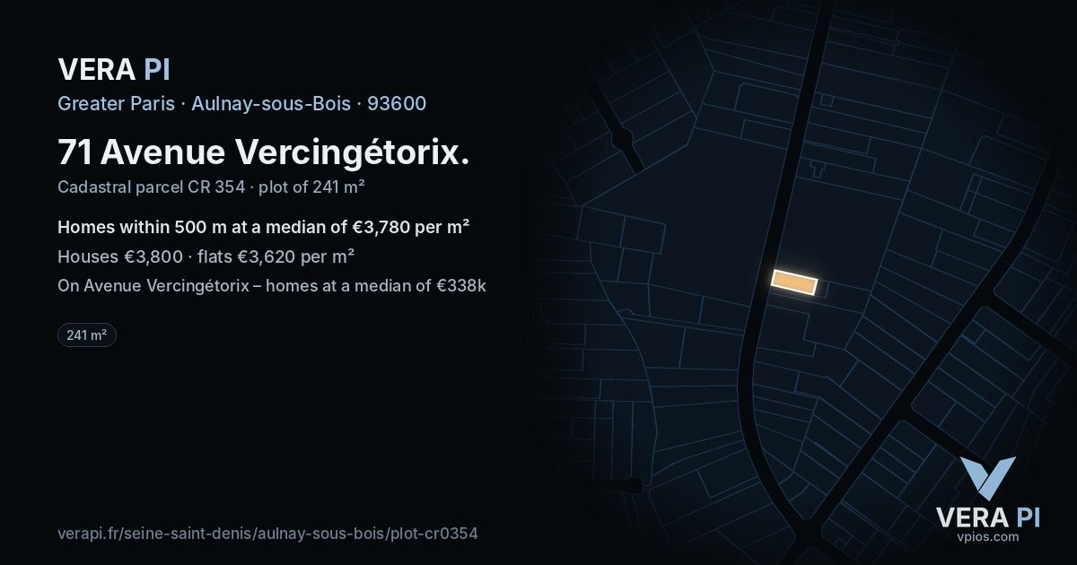 71 Avenue Vercingétorix, Aulnay-sous-Bois at night – the plot lit, the parcels around coloured by the prices near them