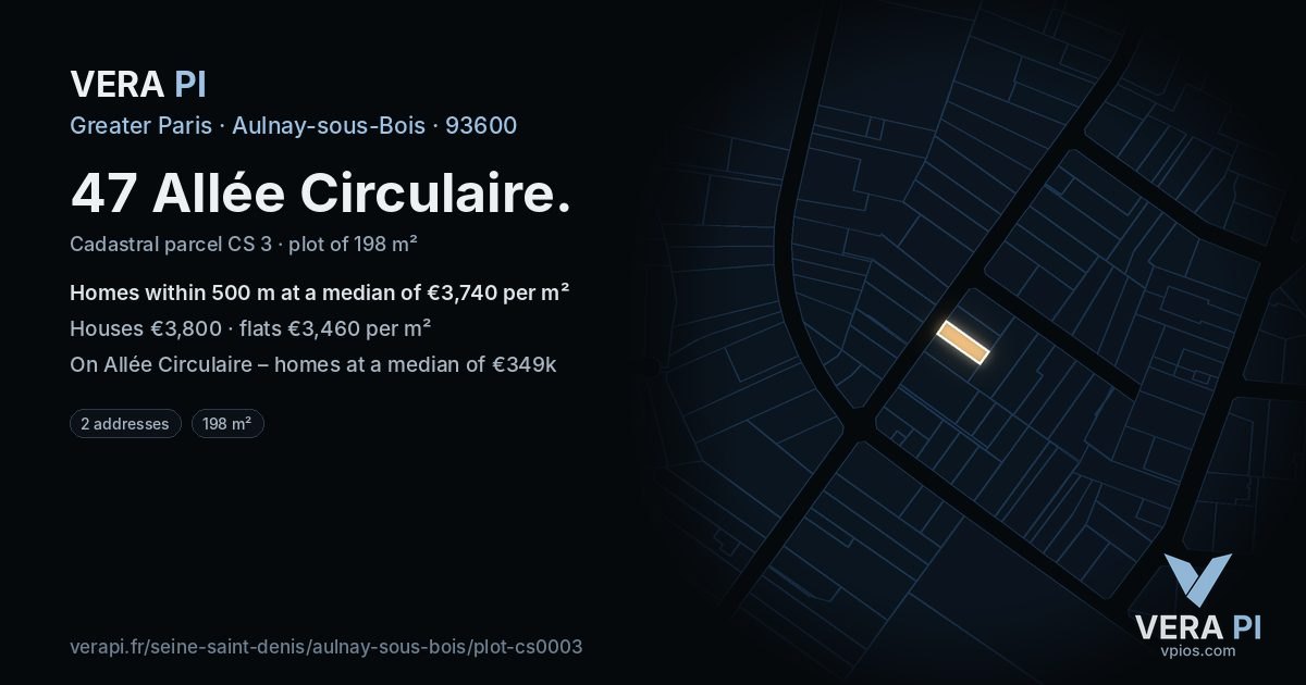 47 Allée Circulaire, Aulnay-sous-Bois at night – the plot lit, the parcels around coloured by the prices near them