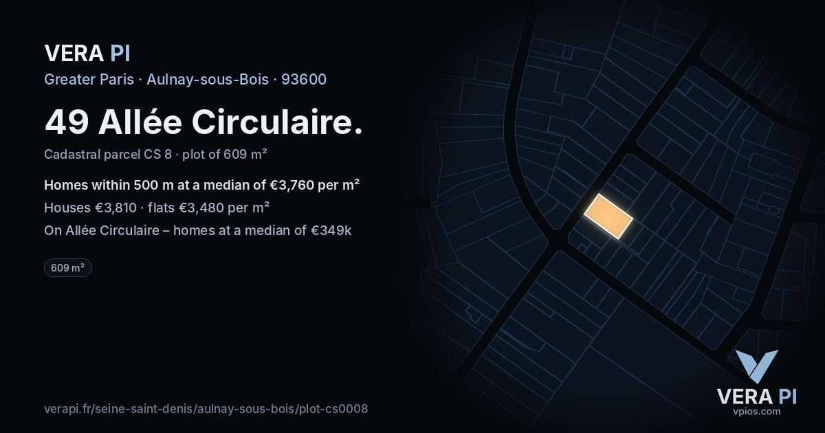49 Allée Circulaire, Aulnay-sous-Bois at night – the plot lit, the parcels around coloured by the prices near them