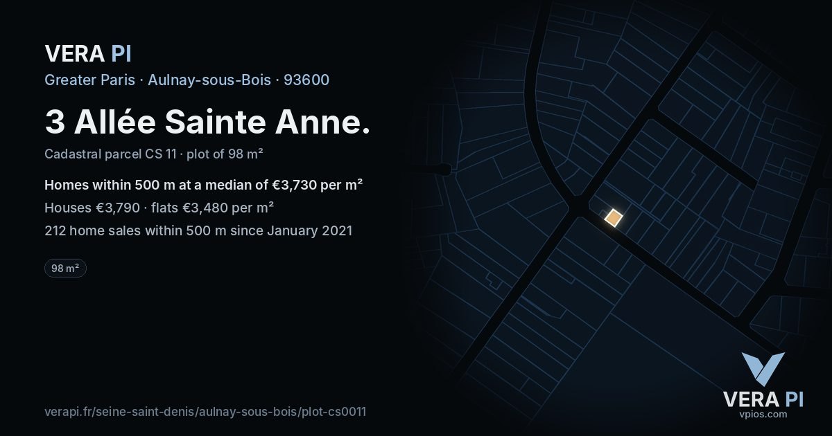 3 Allée Sainte Anne, Aulnay-sous-Bois at night – the plot lit, the parcels around coloured by the prices near them
