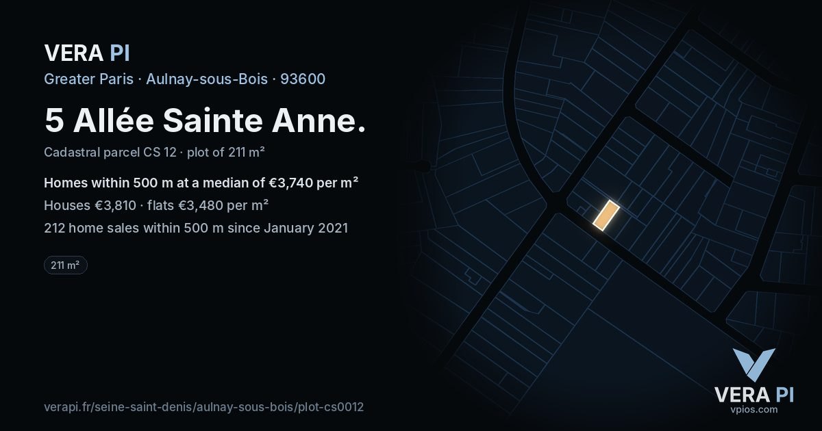 5 Allée Sainte Anne, Aulnay-sous-Bois at night – the plot lit, the parcels around coloured by the prices near them
