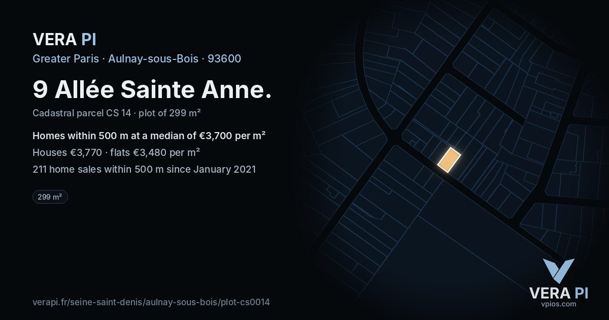 9 Allée Sainte Anne, Aulnay-sous-Bois at night – the plot lit, the parcels around coloured by the prices near them