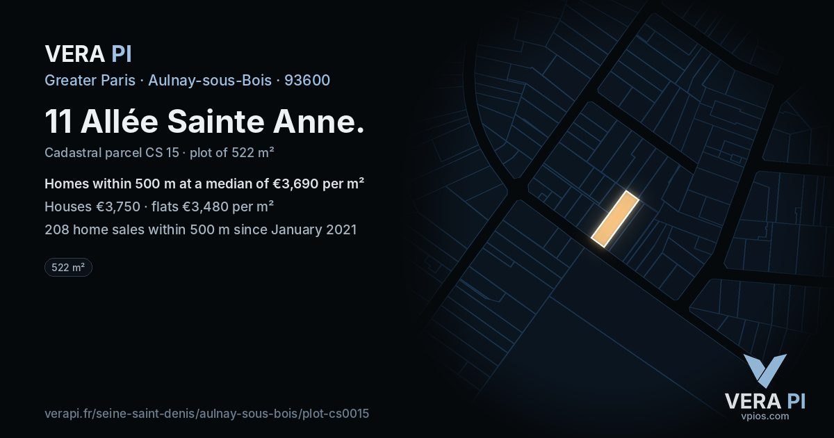 11 Allée Sainte Anne, Aulnay-sous-Bois at night – the plot lit, the parcels around coloured by the prices near them