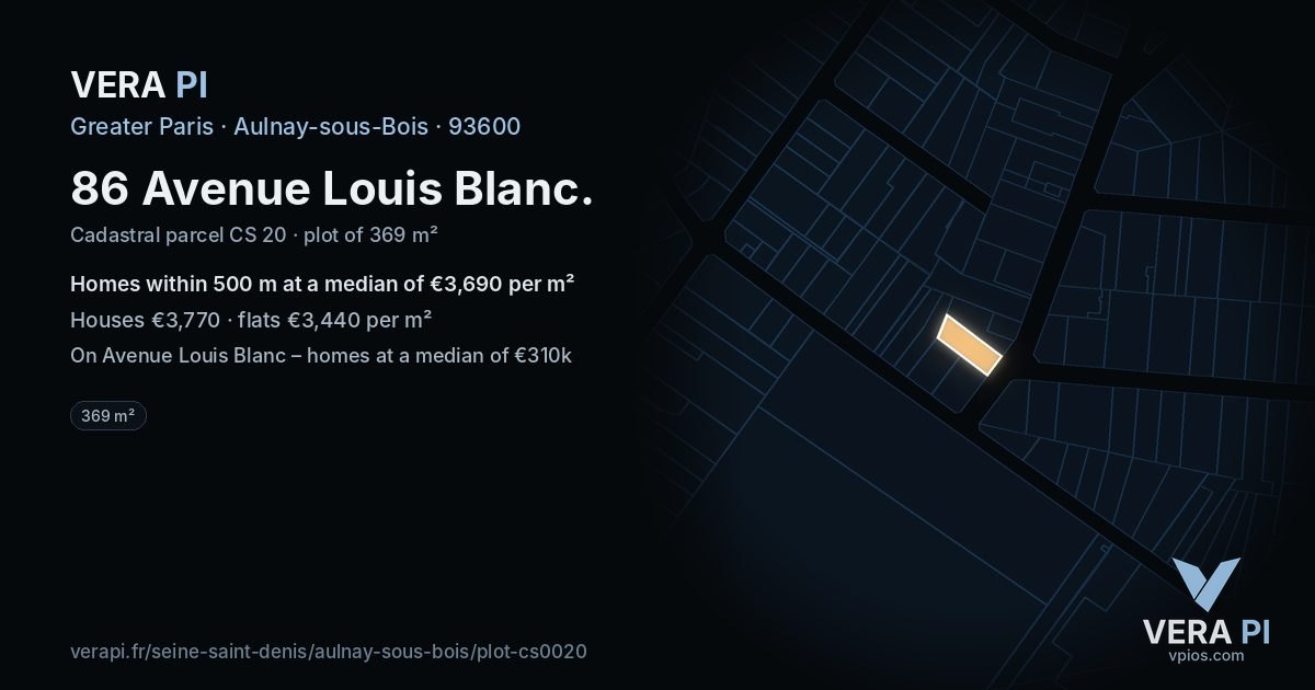 86 Avenue Louis Blanc, Aulnay-sous-Bois at night – the plot lit, the parcels around coloured by the prices near them