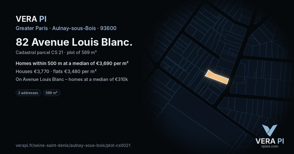82 Avenue Louis Blanc, Aulnay-sous-Bois at night – the plot lit, the parcels around coloured by the prices near them