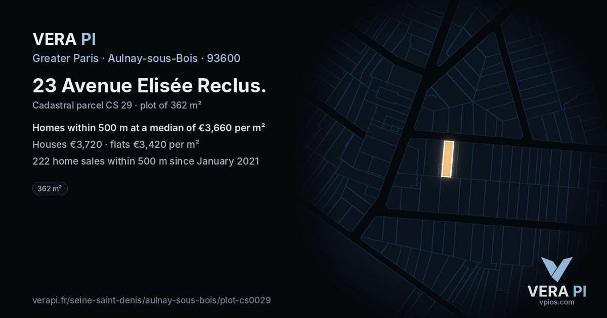 23 Avenue Elisée Reclus, Aulnay-sous-Bois at night – the plot lit, the parcels around coloured by the prices near them