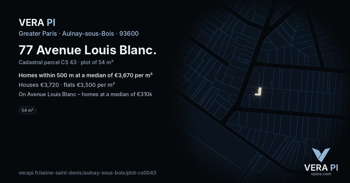 77 Avenue Louis Blanc, Aulnay-sous-Bois at night – the plot lit, the parcels around coloured by the prices near them
