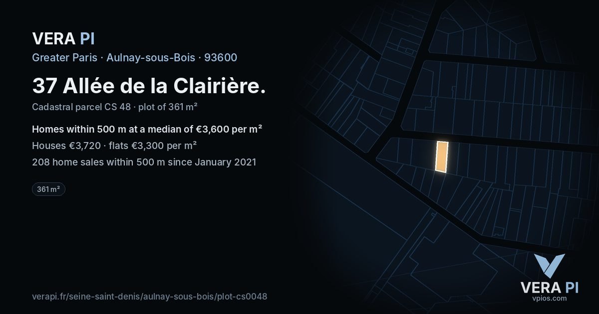 37 Allée de la Clairière, Aulnay-sous-Bois at night – the plot lit, the parcels around coloured by the prices near them