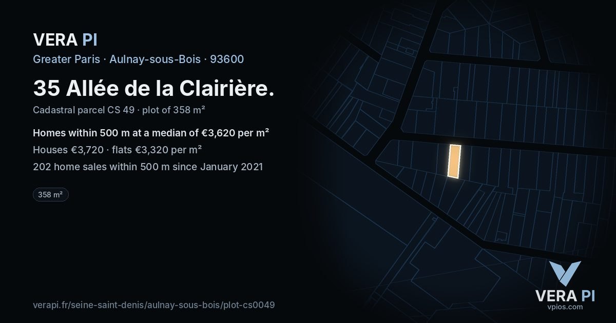 35 Allée de la Clairière, Aulnay-sous-Bois at night – the plot lit, the parcels around coloured by the prices near them