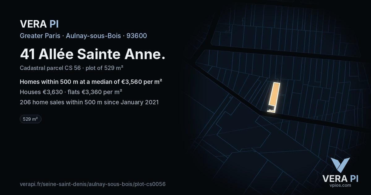 41 Allée Sainte Anne, Aulnay-sous-Bois at night – the plot lit, the parcels around coloured by the prices near them