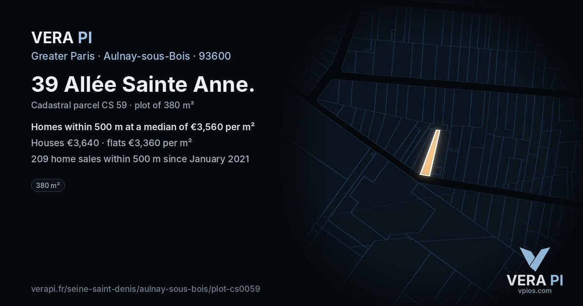 39 Allée Sainte Anne, Aulnay-sous-Bois at night – the plot lit, the parcels around coloured by the prices near them