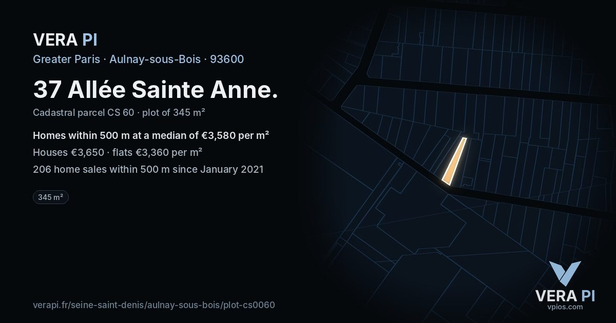 37 Allée Sainte Anne, Aulnay-sous-Bois at night – the plot lit, the parcels around coloured by the prices near them