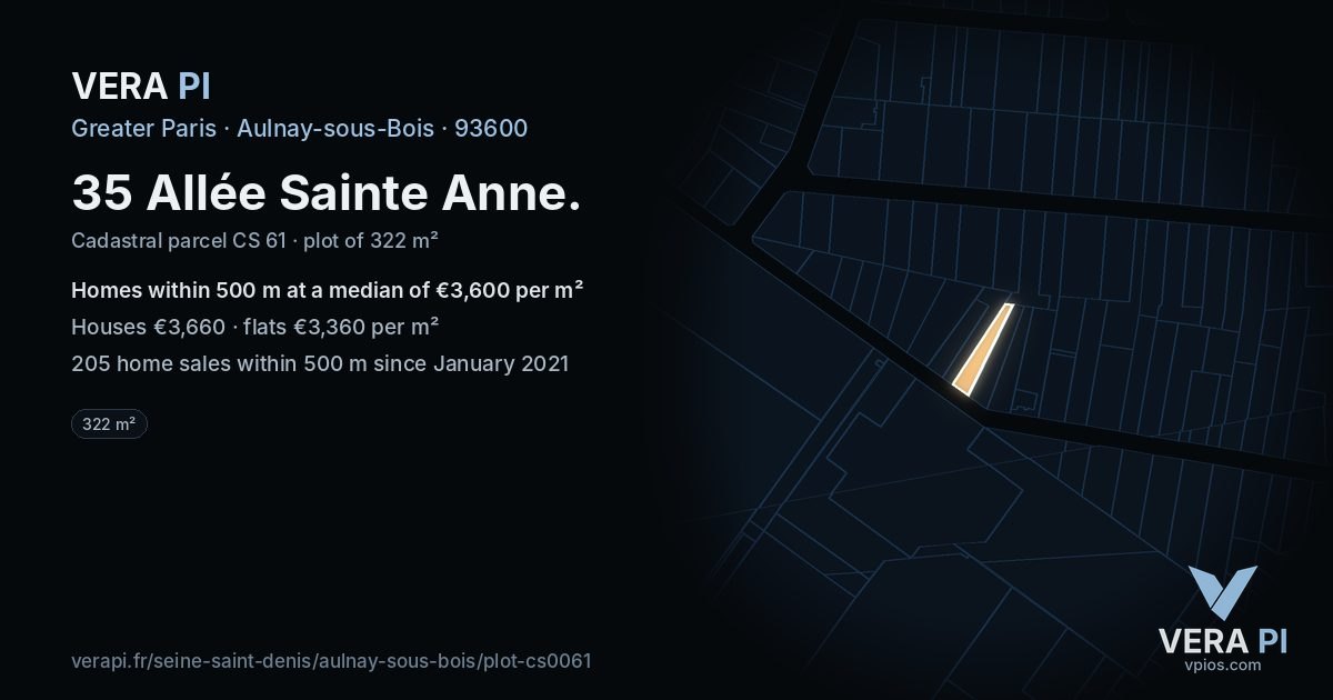 35 Allée Sainte Anne, Aulnay-sous-Bois at night – the plot lit, the parcels around coloured by the prices near them