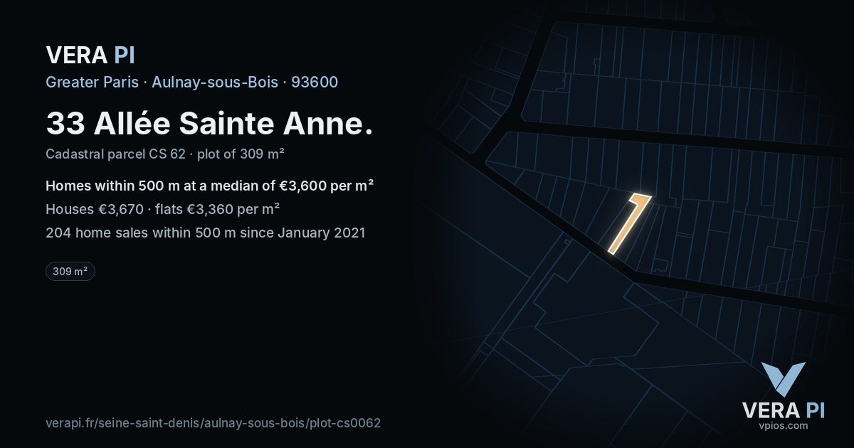 33 Allée Sainte Anne, Aulnay-sous-Bois at night – the plot lit, the parcels around coloured by the prices near them