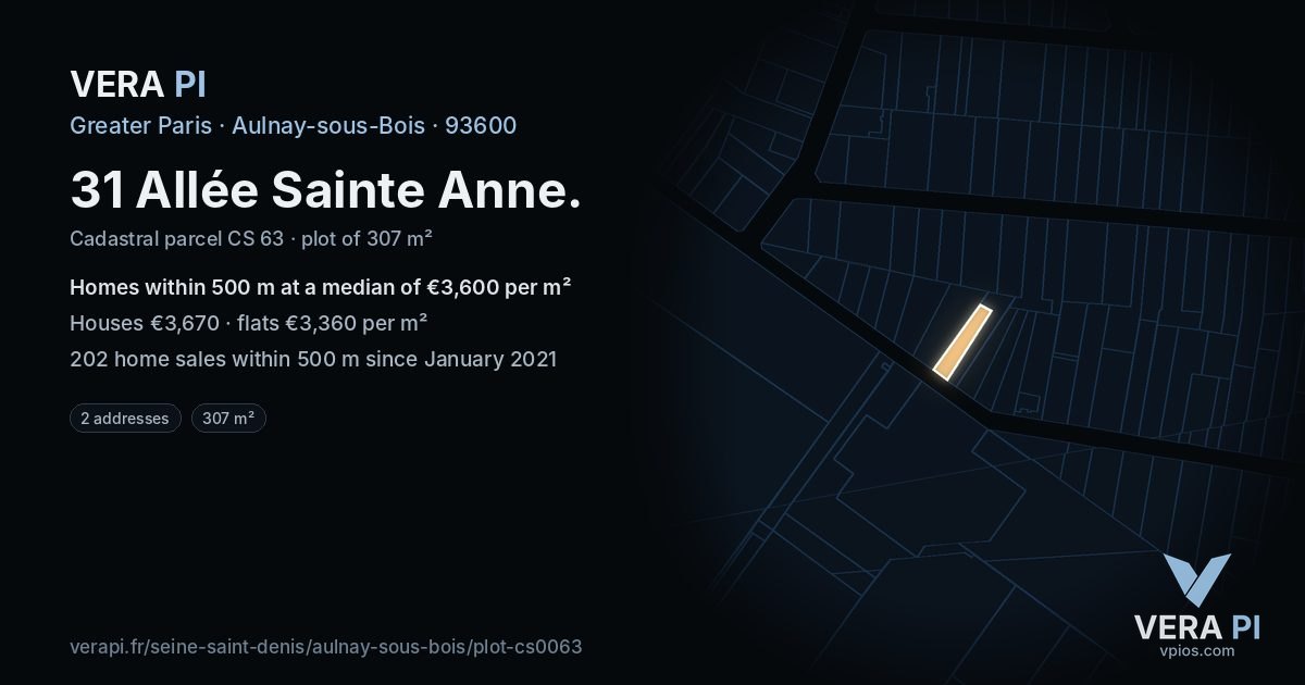 31 Allée Sainte Anne, Aulnay-sous-Bois at night – the plot lit, the parcels around coloured by the prices near them
